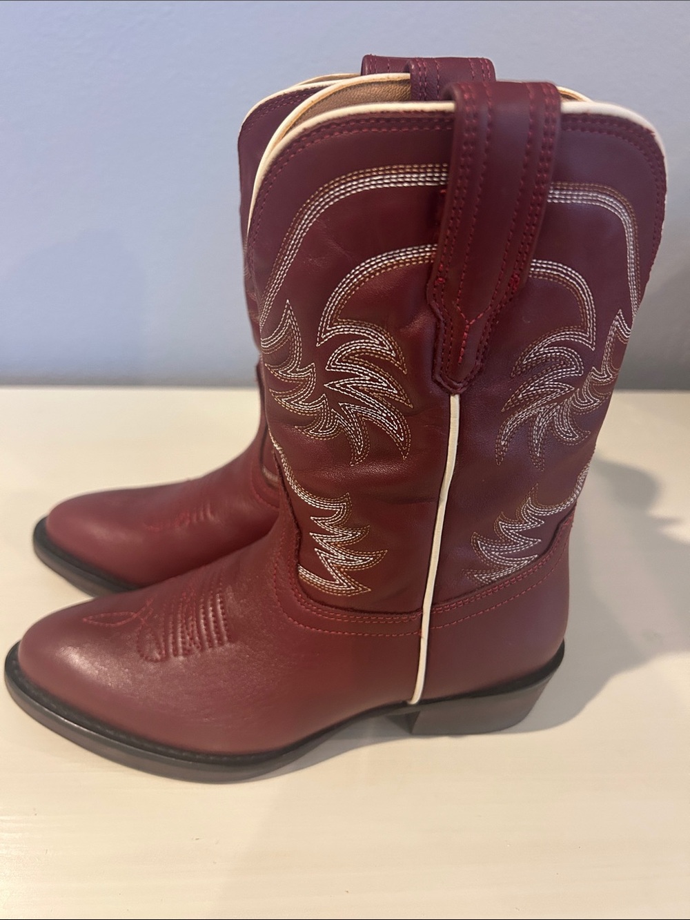 Tecovas Kids Burgundy Leather Cowboy Boots with White Piping - Picture 2 of 4